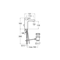 Mitigeur lavabo L90 Chromé, vidage auto H 163,5 mm