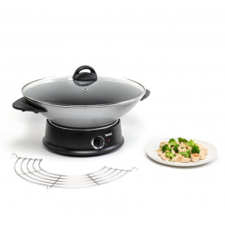 Wok couvercle verre 8 personnes WO300010 1200 Watts noir et silver