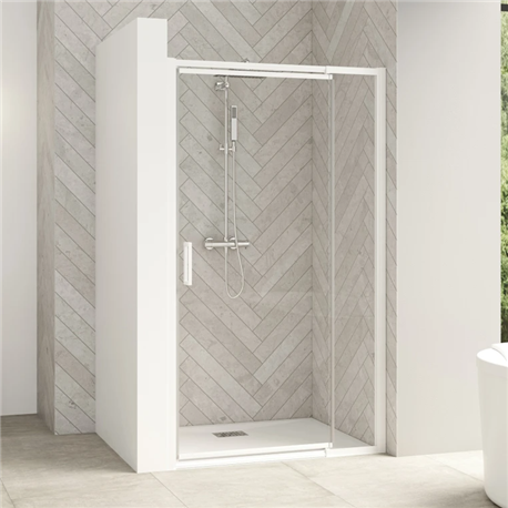 Porte pivotante Smart design P extensible avec seuil profilé blanc et verre transparent 1170-1300 mm Porte pivotante Smart design P extensible avec seuil profilé blanc et verre transparent 1170-1300 mm