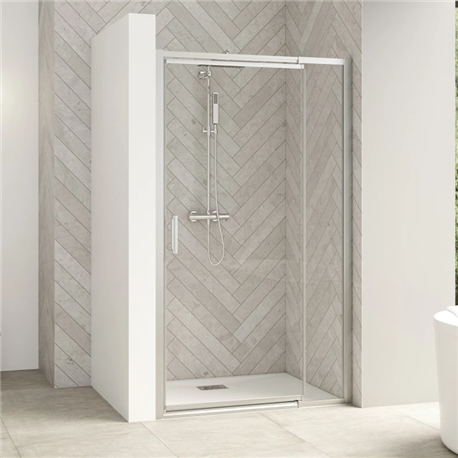 Porte pivotante Smart design P extensible avec seuil profilé chromé et verre transparent 770-900 mm Porte pivotante Smart design P extensible avec seuil profilé chromé et verre transparent 770-900 mm