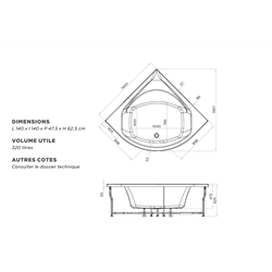 Baignoire balneo Otea start mixte digit 140 cm, tête à gauche