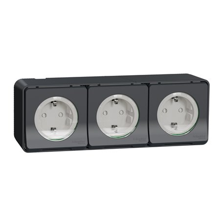 Triple prises PC 2P+T schuko horiz précâblées saillie Mureva Styl MUR36038 gris Triple prises PC 2P+T schuko horiz précâblées saillie Mureva Styl MUR36038 gris
