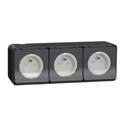 Triple prises PC 2P+T horiz. précâblée saillie Mureva Styl MUR36037 gris 