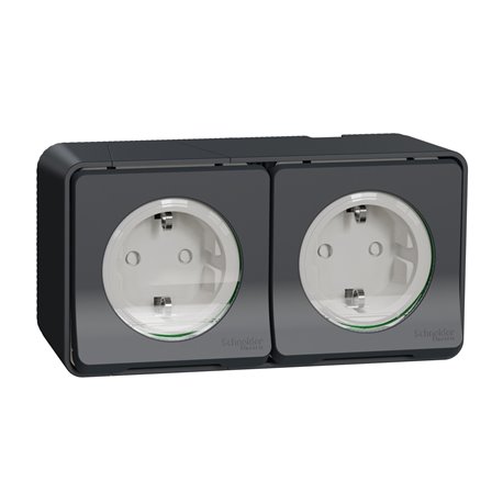 Double prises PC 2P+T schuko précâblée horiz. saillie Mureva Styl MUR36029 gris 