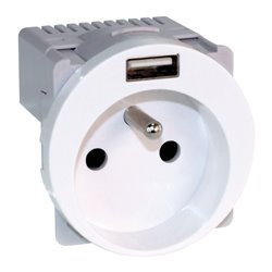 Prise 16A Combinée 2P+T et USB type A Blanc