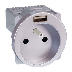 Prise 16A Combinée 2P+T et USB type A Silver