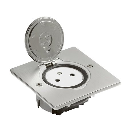 Prise de sol simple 2P+T Surface 16A 250V avec platine carré en inox brossé 089760