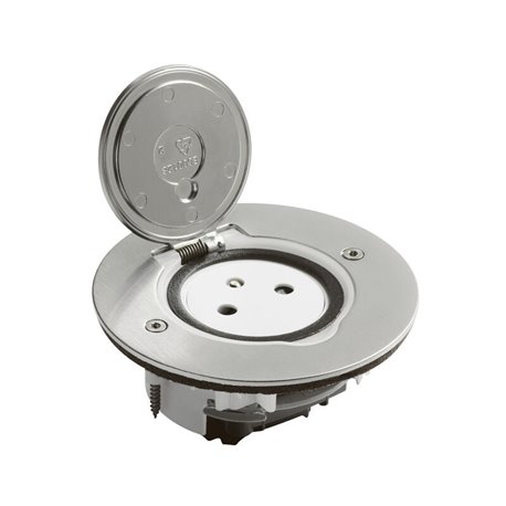 Prise de sol simple 2P+T Surface 16A 250V avec platine ronde en inox brossé 089770