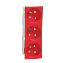 Prise triple 2P+T FR 45° goulotte détrompage Unica NU307103T Rouge mécanisme seul