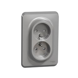 Prise double 2P+T pour boîte 1P FR vis Unica NU406930 Aluminium mécanisme et plaque