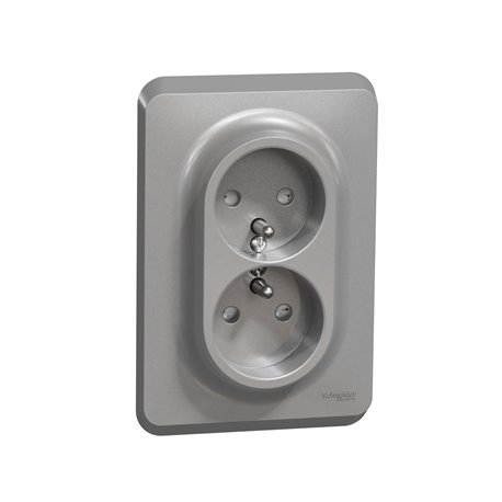 Prise double 2P+T pour boîte 1P FR vis Unica NU406930 Aluminium mécanisme et plaque