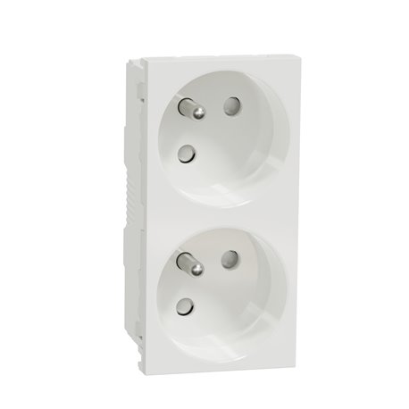 Prise double 2P+T FR 45° goul connexion rapide Unica NU306918T Blanc mécanisme seul