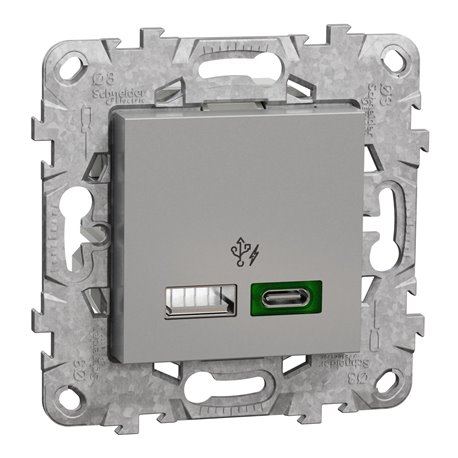 Prise chargeur USB C 45W + A 7,5W Unica NU501330 Aluminium 2 modules mécanisme support fixe Prise chargeur USB C 45W + A 7,5W Unica NU501330 Aluminium 2 modules mécanisme support fixe