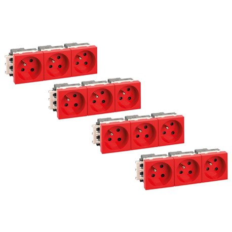 Lot de 4 Blocs de prises 3 prises 2P+T 16A Rouge détrompée
