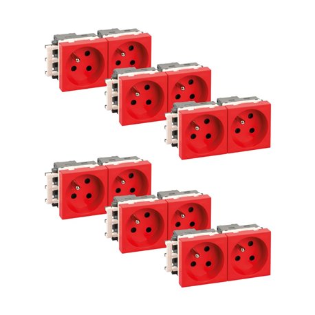 Lot de 6 Blocs de prises 2 prises 2P+T 16A Rouge détrompée