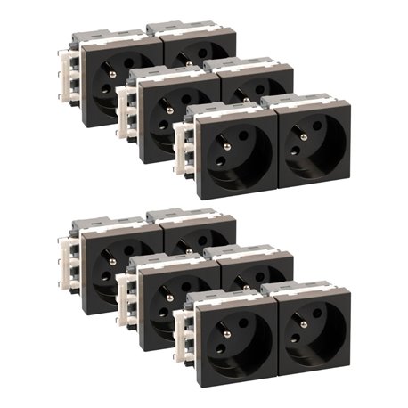 Lot de 6 Blocs de prises 2 prises 2P+T Noir