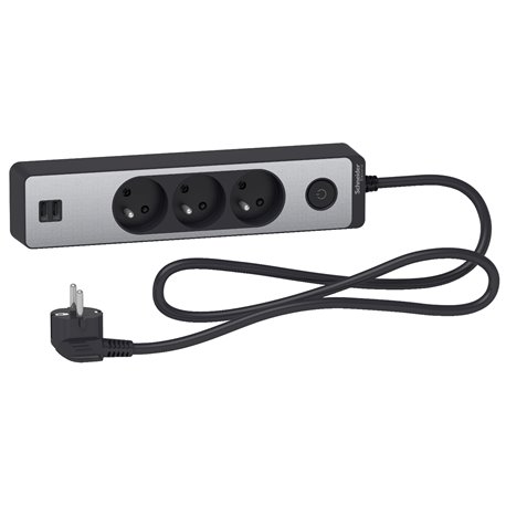 Bloc multiprise Odace Extend ST933U1BA 3 prises 2P+T + 2 prises USB A Anthracite aluminium