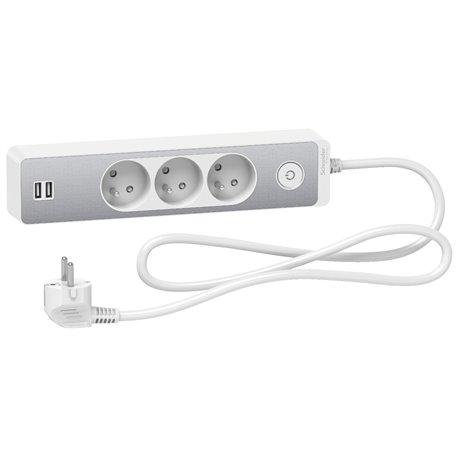 Bloc multiprise Odace Extend ST933U1WA 3 prises 2P+T + 2 prises USB A Blanc aluminium