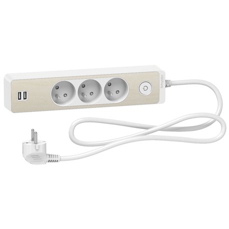 Bloc multiprise Odace Extend ST933U1WC 3 prises 2P+T + 2 prises USB A Blanc bois