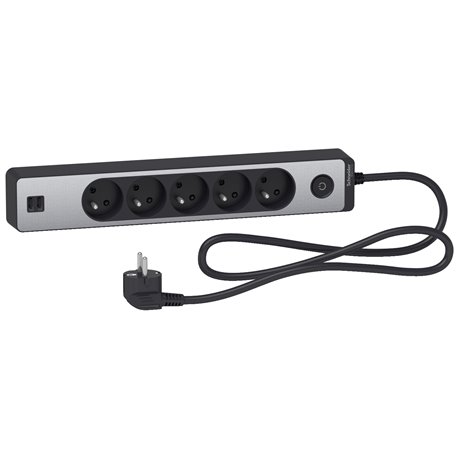Bloc multiprise Odace Extend ST935U1BA 5 prises 2P+T + 2 prises USB A Anthracite aluminium