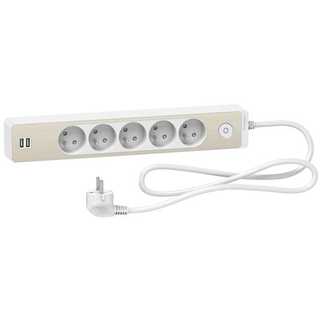 Bloc multiprise Odace Extend ST935U1WC 5 prises 2P+T + 2 prises USB A Blanc bois