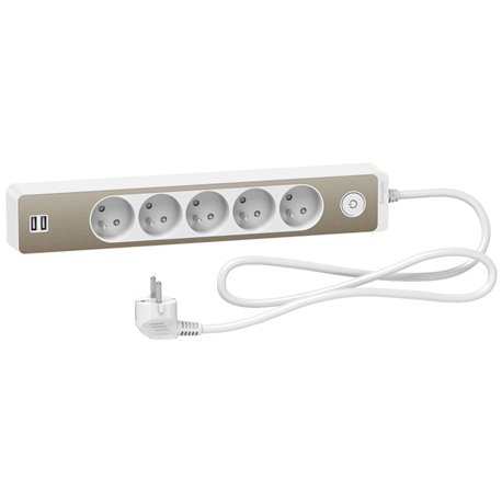 Bloc multiprise Odace Extend ST935U1WB 5 prises 2P+T + 2 prises USB A Blanc bronze