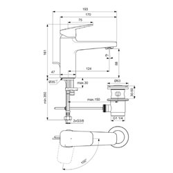 Mitigeur lavabo Ceraplan grande Blue start noir mat avec tirette et vidage bonde métal