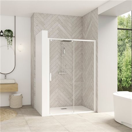 Porte de douche avec 1 volet coulissant Smart design C extensible avec seuil profilé blanc et verre transparent 1170-1300 mm Porte de douche avec 1 volet coulissant Smart design C extensible avec seuil profilé blanc et verre transparent 1170-1300 mm