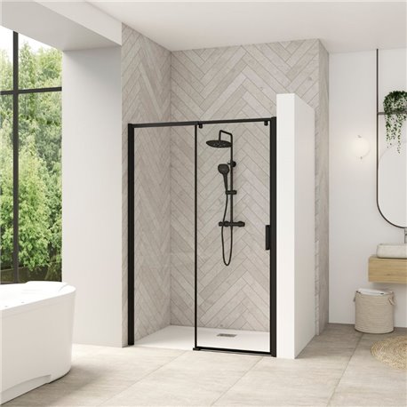 Porte de douche Smart design C extens. 1 volet coulis. fixe à gauche passage droite profilé gris noir grainé verre transp. 1670- Porte de douche Smart design C extens. 1 volet coulis. fixe à gauche passage droite profilé gris noir grainé verre transp. 1670-