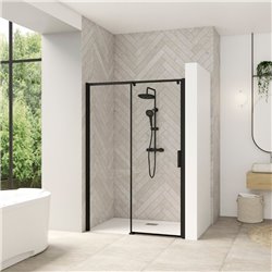 Porte de douche Smart design C extens. 1 volet coulis. fixe à gauche passage droite profilé gris noir grainé verre transp. 1170-