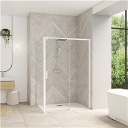 Porte de douche Smart design C extens. 1 volet coulis. partie fixe droite passage gauche profilé blanc verre trnasparent 1370-15