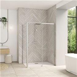 Porte de douche Smart design C extens. 1 volet coulis. partie fixe droite passage gauche profilé chromé verre transparent 1270-1