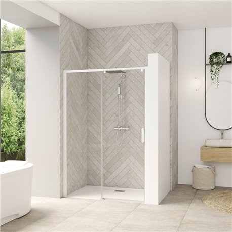 Porte de douche Smart design C extens. 1 volet coulis. partie fixe gauche passage droite profilé blanc verre transparent 1270-14 Porte de douche Smart design C extens. 1 volet coulis. partie fixe gauche passage droite profilé blanc verre transparent 1270-14