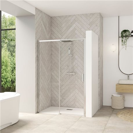 Porte de douche Smart design C extens. 1 volet coulis. partie fixe gauche passage droite profilé chromé verre transparent 1570-1 Porte de douche Smart design C extens. 1 volet coulis. partie fixe gauche passage droite profilé chromé verre transparent 1570-1