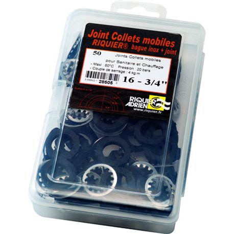 Lot de 50 joints collet mobile (bague inox + Lot de 50 joints) en boîte 28506 écrou Ø 3/4" mm, Ø tube 18 mm Lot de 50 joints collet mobile (bague inox + Lot de 50 joints) en boîte 28506 écrou Ø 3/4" mm, Ø tube 18 mm