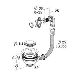 Bonde et vidage évier inox 90 mm 0224506 trop-plein rond, panier manuel