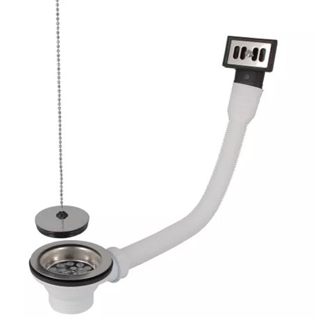 Bonde et vidage évier inox 60 mm 0204601 avec trop-plein, bouchon chaînette
