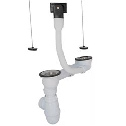 Bonde et vidage évier inox 50 mm 0204311 avec trop-plein et siphon réglable en hauteur bouchon chaînette, 2 cuves