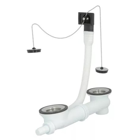 Bonde et vidage évier inox 50 mm 0204310 avec trop-plein, sans siphon bouchon chaînette, 2 cuves