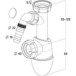 Siphon évier 0224360 évier 40/40 réglable avec prise machine à laver, hauteur réglable 177 - 222, Easyphon