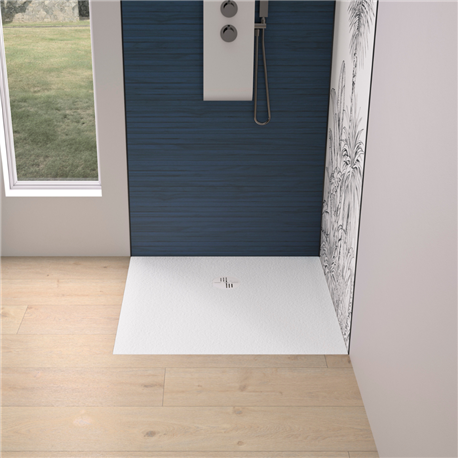 Receveur de douche Kinemoon Evo 80x80 cm blanc, texture pierre lunaire avec grille et bonde