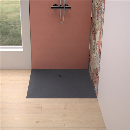 Receveur de douche Kinemoon Evo 90x90 cm gris anthracite, texture pierre lunaire avec grille et bonde