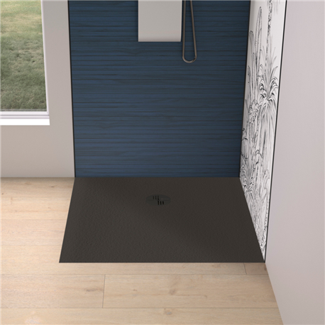 Receveur de douche Kinemoon Evo 90x90 cm noir, texture pierre lunaire avec grille et bonde Receveur de douche Kinemoon Evo 90x90 cm noir, texture pierre lunaire avec grille et bonde