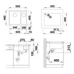 Evier Subline 340/160-U grande cuve à gauche pour module couleur Noir 527818