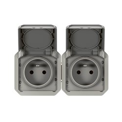 Double prise de courant 2x2P+T horizontale étanche Plexo 16A 250V IP55 avec enjoliveurs gris 069562L
