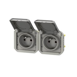 Double prise de courant 2x2P+T horizontale étanche Plexo 16A 250V IP55 avec enjoliveurs gris 069562L