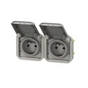 Double prise de courant 2x2P+T horizontale étanche Plexo 16A 250V IP55 avec enjoliveurs gris 069562L
