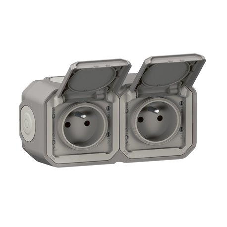 Double prise de courant 2x2P+T horizontale étanche Plexo 16A 250V IP55 avec enjoliveurs gris en saillie 069768L Double prise de courant 2x2P+T horizontale étanche Plexo 16A 250V IP55 avec enjoliveurs gris en saillie 069768L