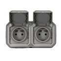Double prise de courant 2x2P+T horizontale étanche Plexo 16A 250V IP55 avec enjoliveurs gris en saillie 069768L