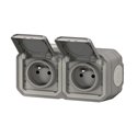 Double prise de courant 2x2P+T horizontale étanche Plexo 16A 250V IP55 avec enjoliveurs gris en saillie 069768L